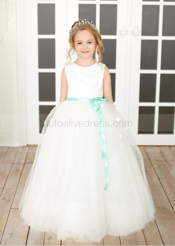 Ivory 3D Flowers Lace Tulle Flower Girl Dress